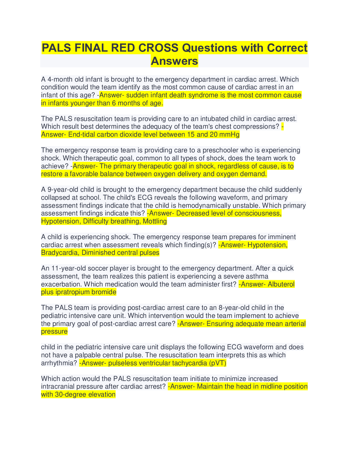 Preview image for PALS FINAL RED CROSS Questions with Correct Answers